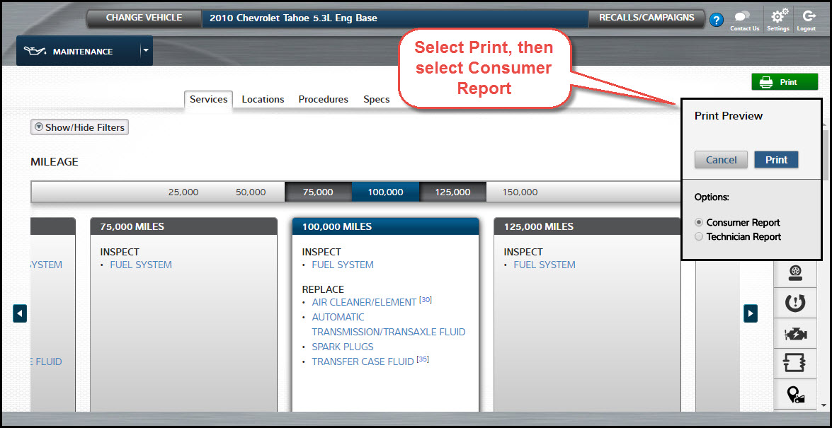 ShopKey Pro Maintenance Module Consumer Report Printout